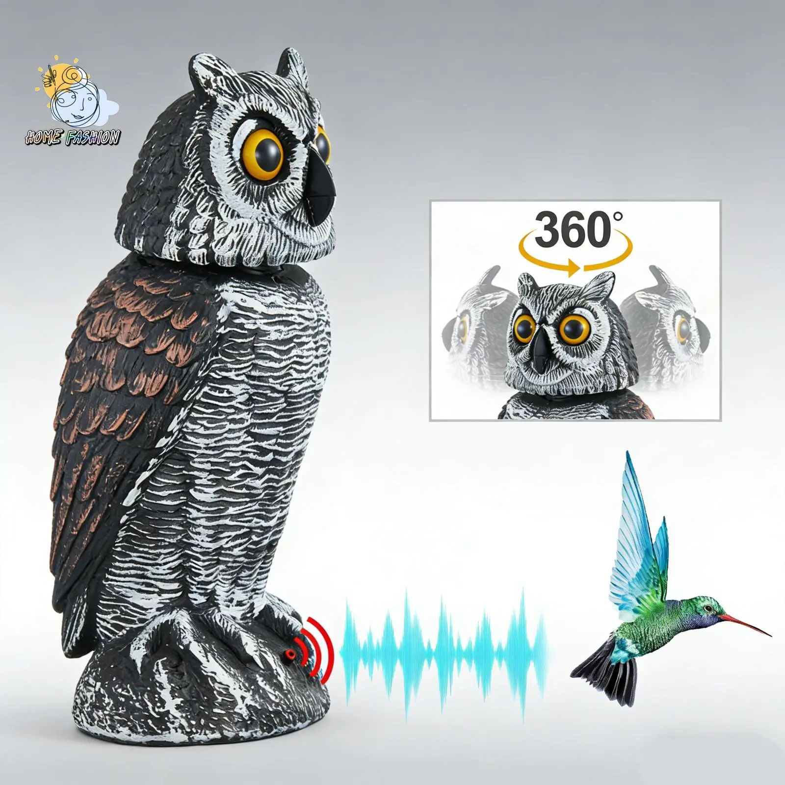 Owl Decoy with Rotating Head, Natural Owl Scarecrow with Frightening Sound to Keep Birds Away Owl Decoy with Rotating Head, Natural Owl Scarecrow with Frightening Sound to Keep Birds Away