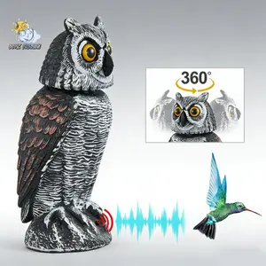 Owl Decoy with Rotating Head, Natural Owl Scarecrow with Frightening Sound to Keep Birds Away