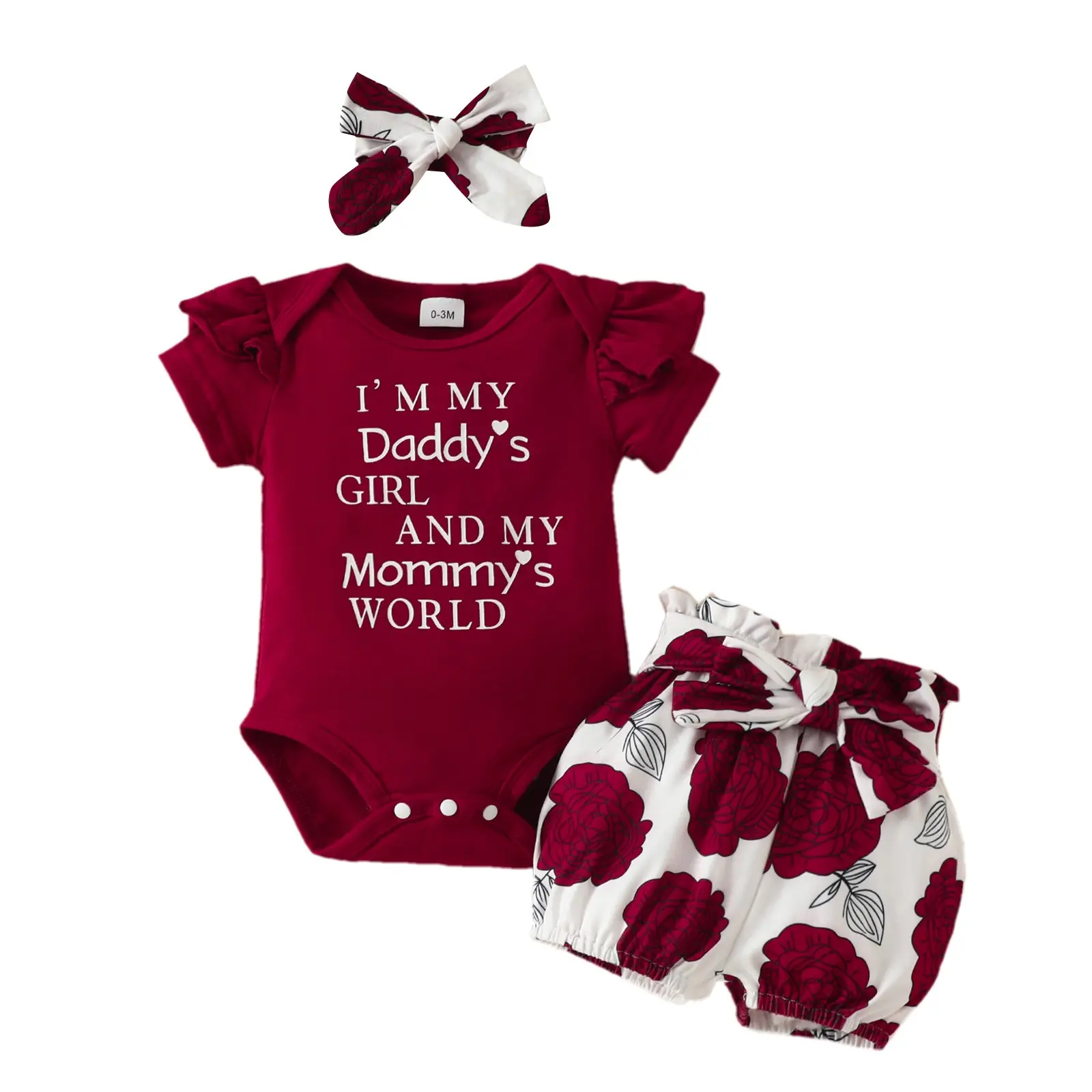 Newborn Baby Girls Summer Clothes Short Sleeve Daddy Mama Saying Romper Floral Shorts Headband Outfits Sets