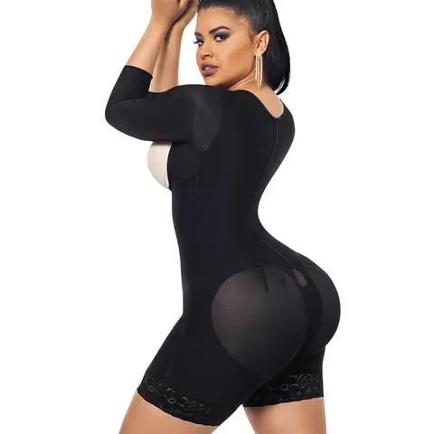 Open Bust Bodysuit Mid Thigh • Long Sleeves • 3 Compression Hook Levels • Perineal Zipper • Beige  • Black (O-015/O-215)
