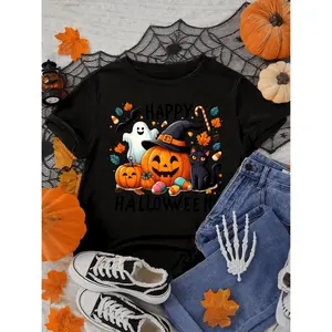 [Halloween Women's T-Shirt] Spooky Pumpkin & Cat Graphic Halloween Women's Plus Size T-Shirt | Short Sleeve, Round Neck, Stretchy Polyester Blend, Casual & Elegant Style for Spring/Summer/Fall, Fall Fashion Top | Halloween Apparel