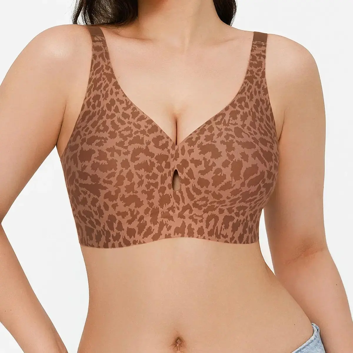 Popilush Women's Wireless Cooling Bra, Leopard Print Seamless No Underwire Push Up Minimizer, Cool Touch Breathable Soft Smooth Deep V Comfort Bralette with Adjustable Straps