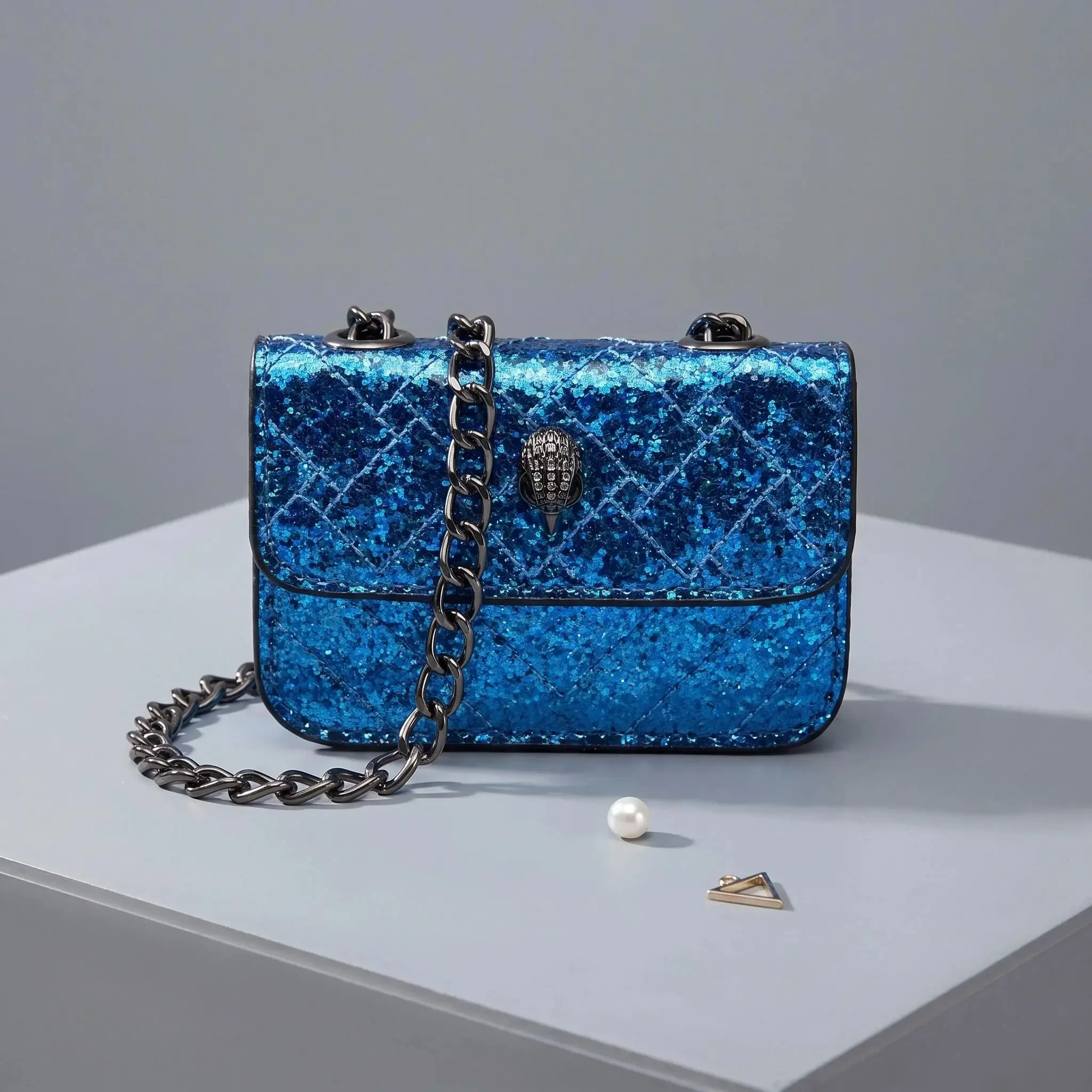Women's Multicolor Glitter Sequins V-Diamond Quilted Mini Square Bag with Eagle Head Lock, Gold Metal Chain Crossbody Shoulder Handbag