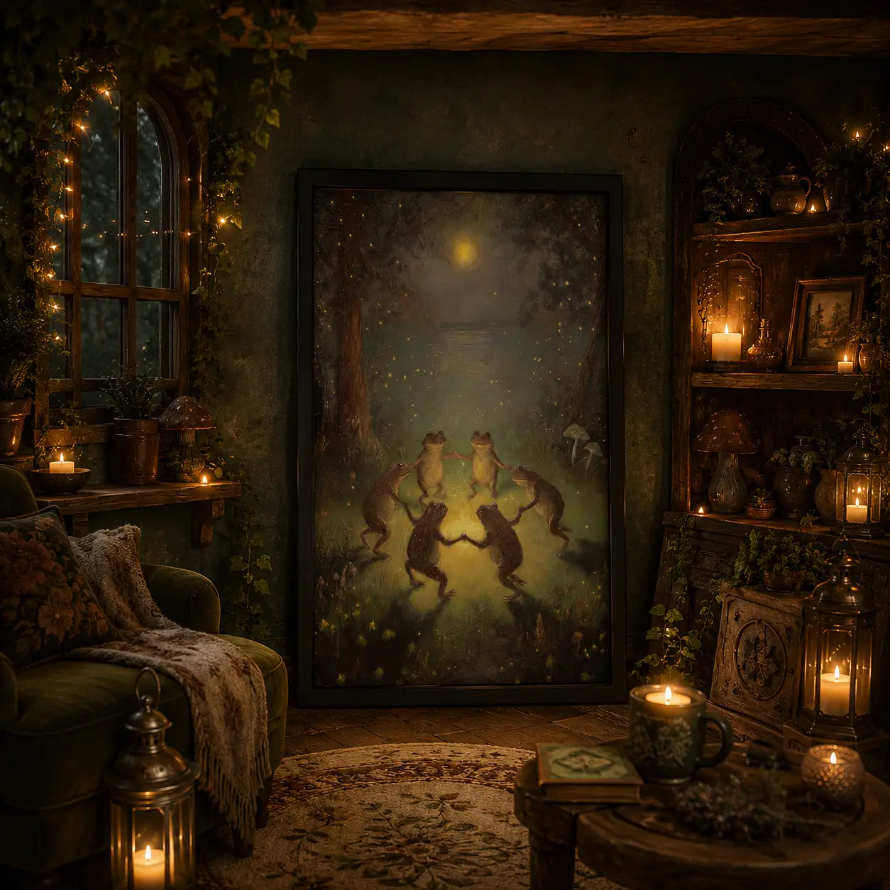 High-Quality Dancing Frog Canvas Art Print - Moonlight Forest Rustic Wizard-Farmhouse Core Circle Painting, Artwork with Animal Character Figures Prints, Funky Whimsy Decor for Living Room & Bedroom