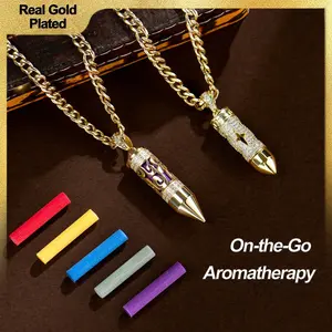 14K Real Gold-Plated Carved Bullet Aroma Necklace, Trendy Gold-Plated Jewelry with Double-Row CZ Stones, Hollow Engraved Design with Aroma Cotton, Pad Affordable Gold-Plated Gifts for Fashion Lovers(Sheet)