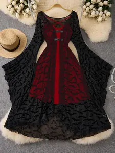 Women's Plus Size Batwing Mesh Top and Adjustable Strap Dress Set, Casual Loose-Fitting Fall & Winter, European Style, Lace