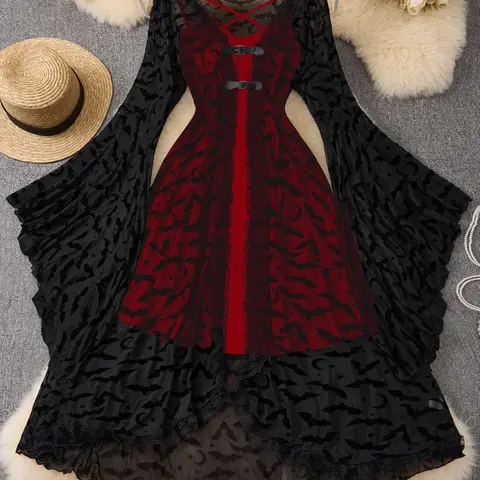 Women's Plus Size Batwing Long Sleeve Mesh Top and Adjustable Strap Dress Set, Womenswear Casual Wear Loose-Fitting Fall & Winter, Casual Boho Fashion, European Style, Lace, Outfit, Boho Casual Outfits