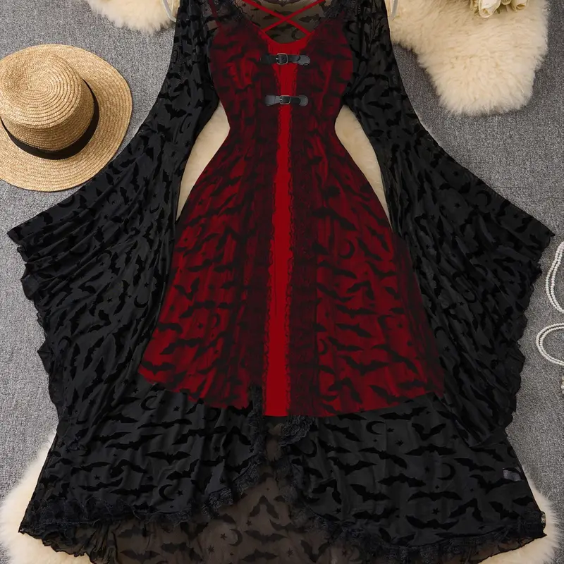 Women's Plus Size Batwing Long Sleeve Mesh Top and Adjustable Strap Dress Set, Womenswear Casual Wear Loose-Fitting Fall & Winter, Casual Boho Fashion, European Style, Lace, Outfit, Boho Casual Outfits