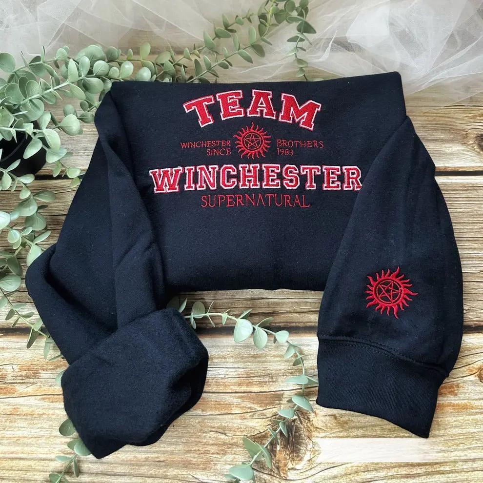Women's Supernatural Embroidered Sweatshirt, Casual Fitted Long Sleeve Crewneck Tops, Plus Size Hunter Aesthetic Gift, Crew Neck