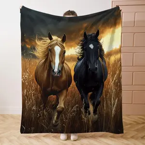 Soft Funny Throw Blanket Horse Galloping on The Grassland Print Flannel Blanket, Flannel Cozy Blanket, Soft Comfortable Throw Blanket, Cool Bedroom Warm Napping Blanket for Home Office Camping, Lightweight Flannel Blanket