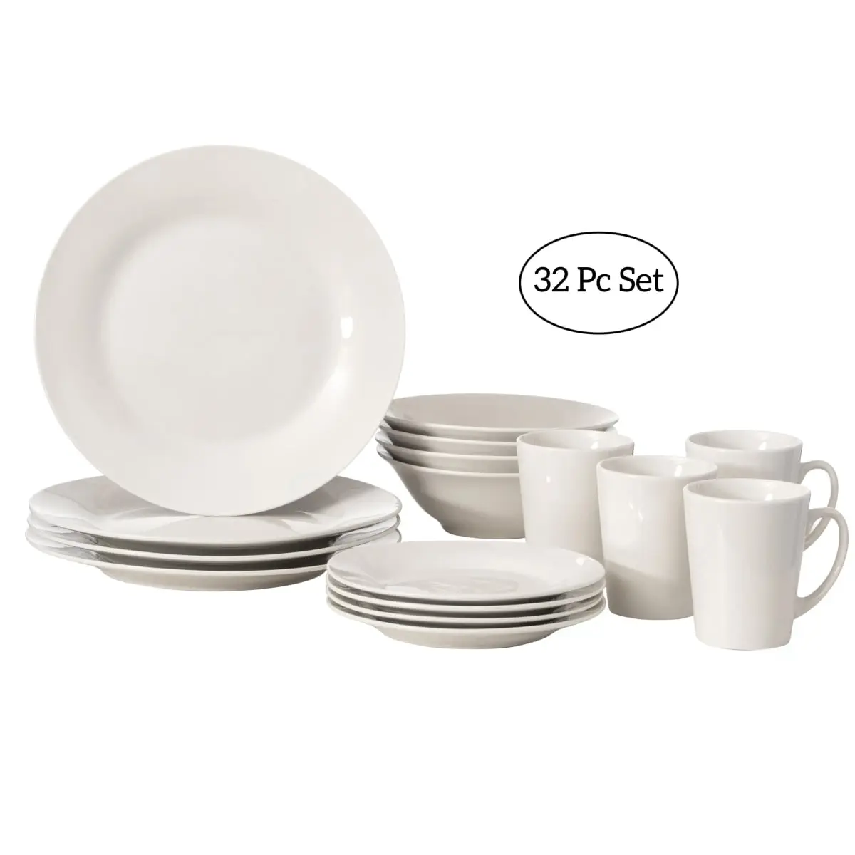 Quickway Imports QI004500.2 32-Piece Stylish Ceramic Tableware Set for 8, Lightweight Rimmed Mugs, Salad Plates, Dinner Plates & Bowls, Chip-Resistant, Crack-Resistant, Dishwasher & Microwave Safe, White