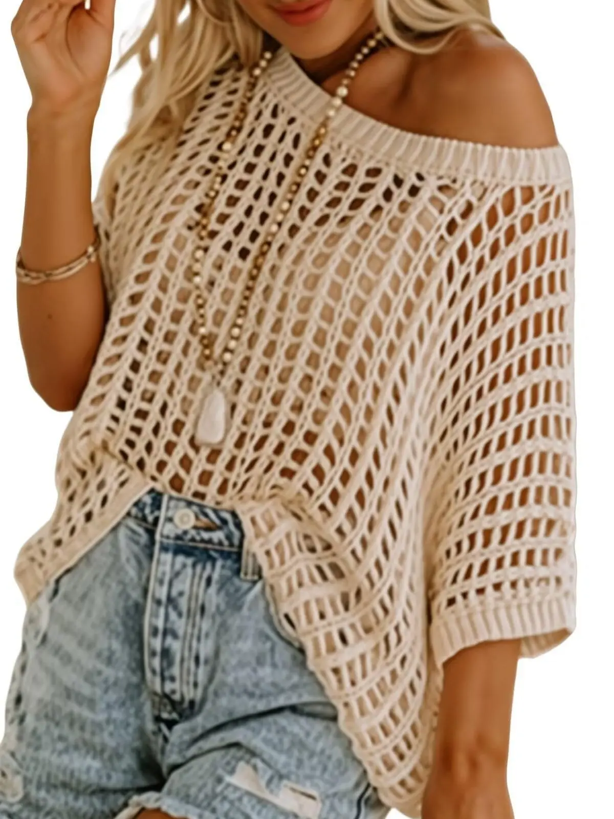 Women's Crochet Beach Cover Up Half Sleeve Hollow Out Knit Sweater Pullover Summer Boho Swimwear Bathing Suit Coverups Crochet Cover Ups Crochet Bikini Coverups