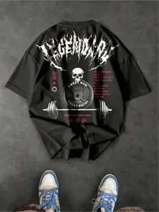 Sport MetroGents Men's Gothic Skull & Slogan Print Gym T-Shirt Set - Knitted Short Sleeve Round Neck Tee, Machine Washable Goth Fitness Wear for Year-Round Workout & Casual Outfits