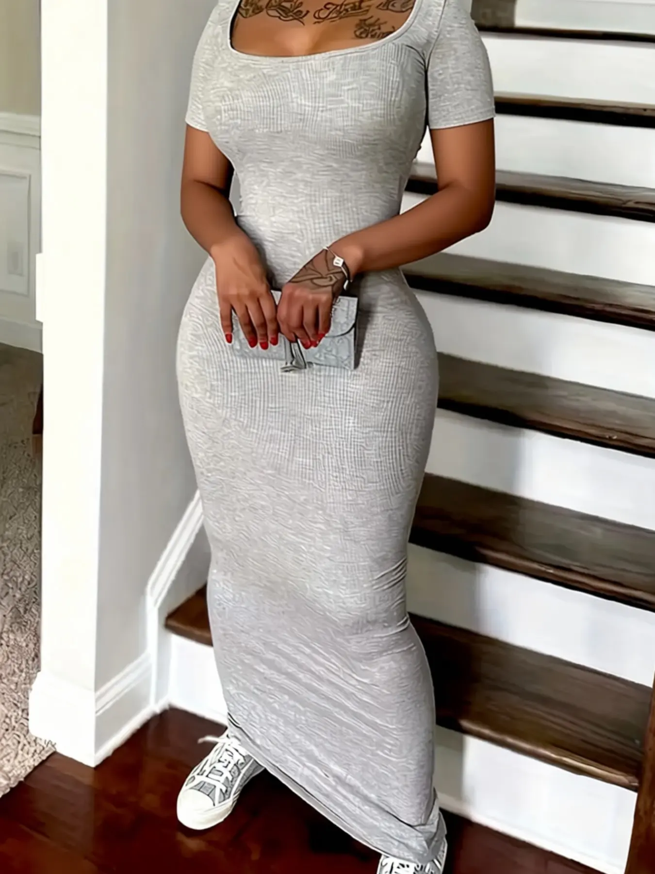 Women's Casual Elegance Minimalist Plain Short Sleeve Dress Style, Bodycon Fitted Low Neck Square Collar Design, Perfect for Daily Wear & Comfortable Fit, Lady Womenswear