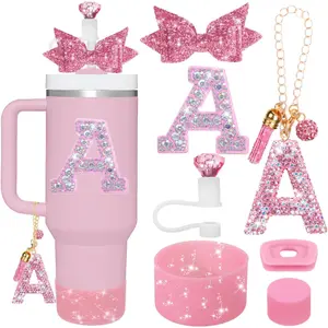 7PCS Pink Cup Accessories Set for Stanley Cup, Initials Decorations for Stanley 30oz 40oz Tumblers(A)