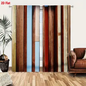 2D Flat 2-Pack Vertical Striped Curtains with Rustic Wooden Plank Pattern, Light to Dark Brown, Light Blue, Red & Beige Panels, Staggered Stacked Design for Living Room Bedroom, Textured Knots Grain Wear, Abstract Visual Decor