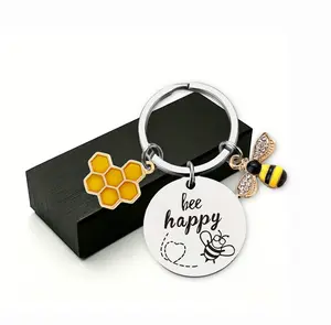 Bee Happy Keychain - Cute Inspirational Bee Key Ring Gifts, Stainless Steel Bee Accessories with Honeycomb Charm for Women Men Kids, Backpack Purse Wallet Keychains