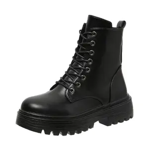 Round Toe Lace Up Combat Boots, Thick-soled Platform Chunky Calf Boots, Women's Footwear Walking Shoes Girl Black Versatile Comfortable Fashion Stability Casual Classic