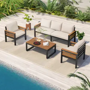 4-Piece Outdoor Furniture Sofa Set for 5 People with Acacia Wood Armrests, Sectional backyard porch Patio Conversation Set with Removable Cushion and Solid Wood Coffee Table for Garden,Beige