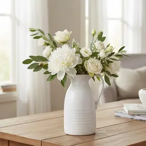 hjn Farmhouse Pitcher Vase for Flowers- Ceramic Pitcher White Flower Vase for Your Kitchen/Home Decor/Office/Living Room/Bookshelf/Mantel/-White