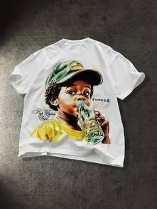 Y2K style cartoon little boy with cotton short sleeved loose T-shirt, men's dirty braid cute child pattern print, men's and women's same European and American street fashion casual shirt, white T-shirt, men's clothing, American retro