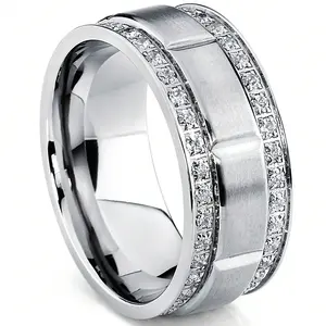 Men's Titanium Wedding Band Ring With Double Row Cubic Zirconia, Comfort Fit Sizes, 9MM  8 To 12