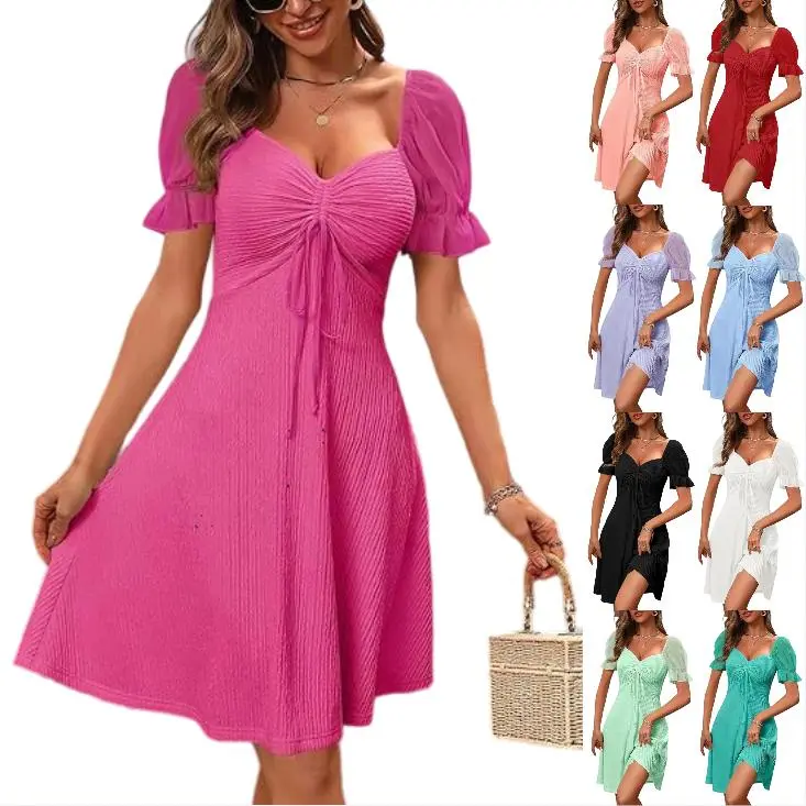 Imily Bela Womens Short Puff Sleeve Mini Dresses Summer Drawstring Sweetheart Neck Casual Flowy Dress