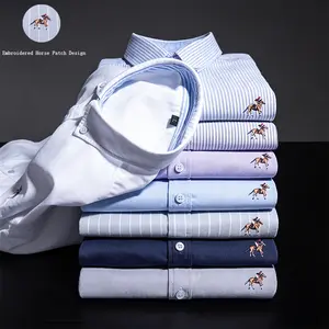 Men's Oxford Shirt - Single Piece Soft Breathable Cotton-Linen Blend Fabric Cloth, Wrinkle-Resistant Long-Sleeve Menswear with Embroidery Horse Emblem, Business Casual Top