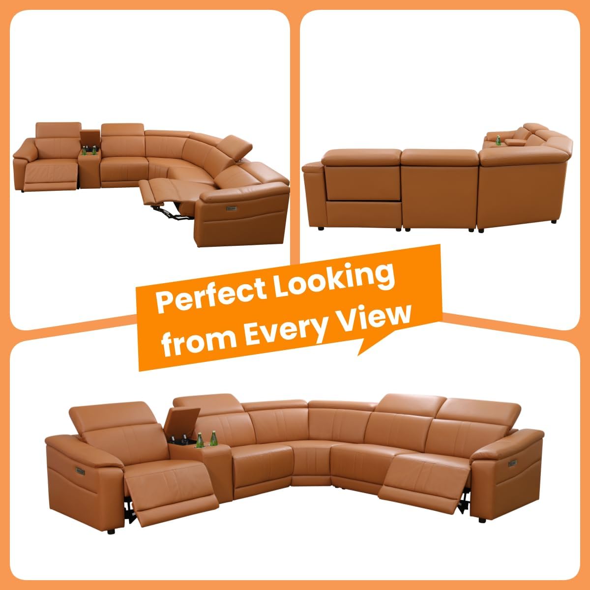  Power Recliner Sectional Couch, Breathing Leather Living Room Furniture Set, Reclining Corner Sectional Sofa with Storage Console/Cup Holders for Home/Office