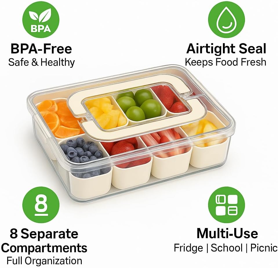 Snackle Box Container Portable Snack Organizer with Lid & Handle 8 Divided Compartments for Kids Candy Fruit Nuts Veggies Road Trips Beach Picnic Party Travel 1 Pack ware tubber meal prep supplies kitchen plate Snackle Box Container Portable Snack Organizer with Lid & Handle 8 Divided Compartments for Kids Candy Fruit Nuts Veggies Road Trips Beach Picnic Party Travel 1 Pack ware tubber meal prep supplies kitchen plate