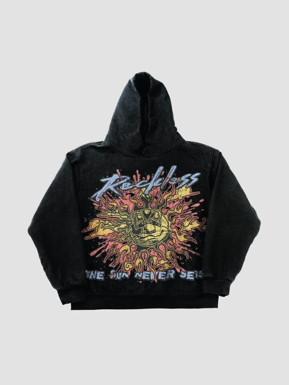 Young & Reckless Men's Oversized The Sun Never Sets Hoodie - Black, Menswear Tops, Sweatshirts with Sturdy Hem, Pullover, Long Sleeve, Casual, Graphic, Front Pocket