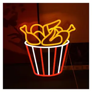 Sign Illuminated Fried Chicken Neon Signs Chicken Buckets LED Food Models Light Up Fast Food Restaurant Kitchen Family Party Decorations 34cmX32.5cm Sign Illuminated