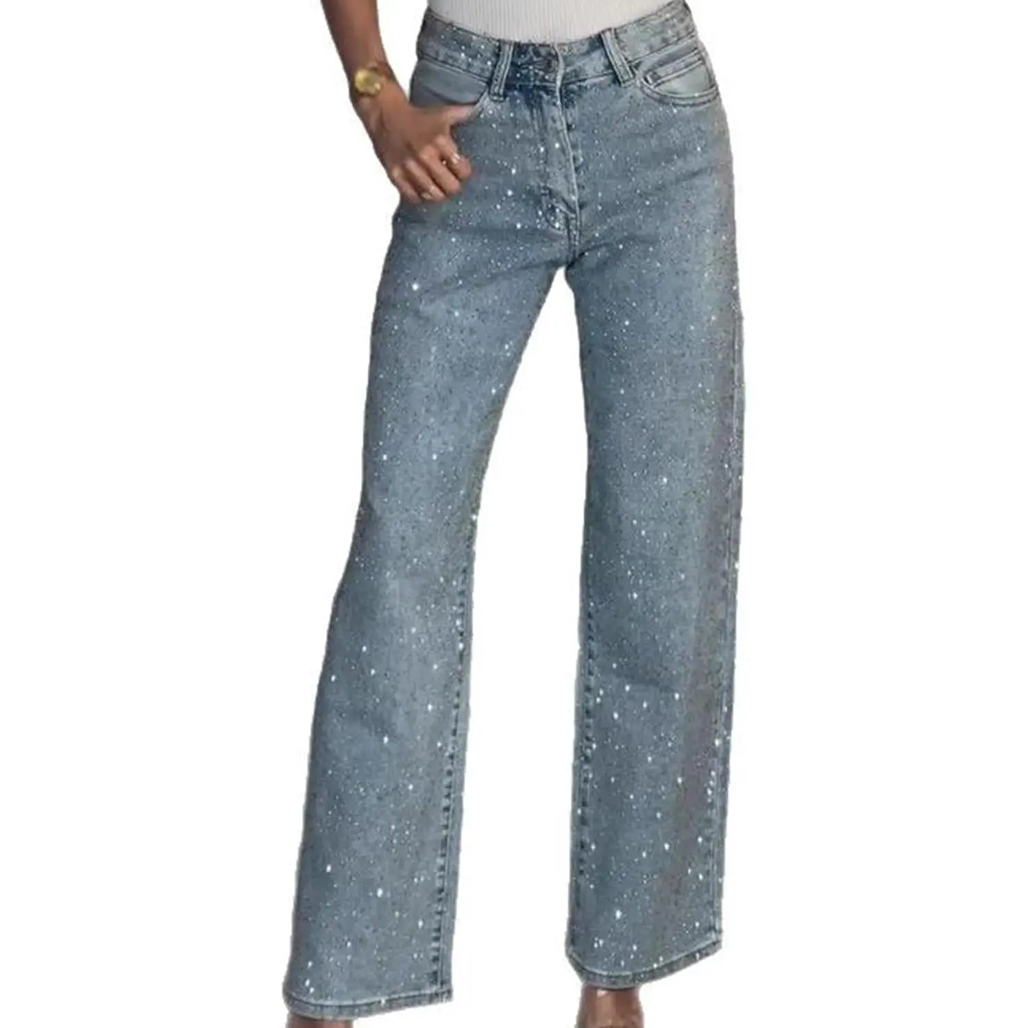 Straight Leg Jeans Rhinestone High Waisted Pearl Boyfried Denim Pants Sparkly Bling Glitter Bedazzled Jeans Women wide preppy