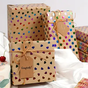 1 roll of kraft paper gift wrapping paper, featuring vibrant and colorful patterns,16.93inch × 118.11inch, with various design elements, perfect for parties / Valentine's Day heart-shaped gift wrapping paper, gold foil kraft paper with a textured finish