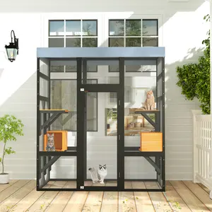 [Bellemave] 62.6" Black Wooden Catio for Cats, Large Cat Enclosure with Waterproof cover, 2 Napping House, Platforms & Galvanized Metal Wire – Secure Pet Cage Shelter