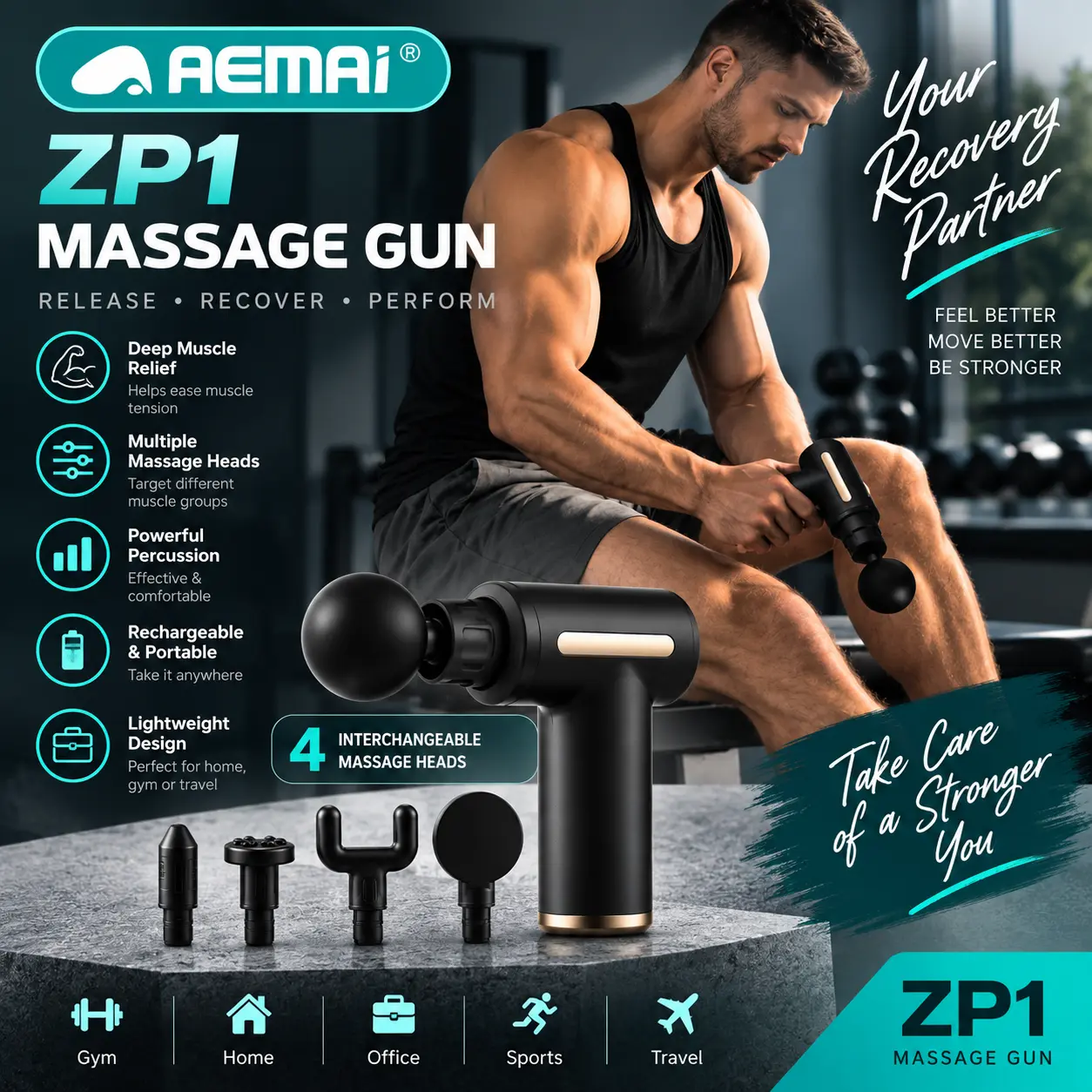 AEMAI ZP1 Massage Gun – Deep Tissue Percussion Massager with 4 Massage Heads