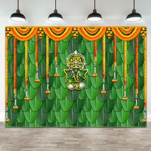 7x5ft(2.1mx1.5m) Pooja Backdrop Decoration Cloth Items Indian Ganpati Puja Traditional Chatiya Ganesh Mehndi Photography Background Festival Wedding Party Marigold Garlands Photo Booth Props Banner