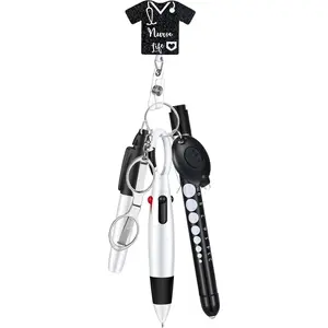 Motipuns 6-Piece Stainless Steel Nurse Badge Accessories Set - Retractable Ball Pen, Permanent Marker, LED Flashlight, Foldable Scissors, Badge Clip, Keychain (Black) for Nurse Gifts