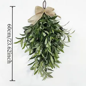1pc Farmhouse Style Artificial Olive Leaf Wreath, 23.62" Teardrop Seasonal Welcome Garland with Burlap Bow, Versatile Wall Hanging Decor, No Electricity or Feathers, for Front Door/Indoor/Outdoor/Window, Christmas, Halloween, Thanksgiv