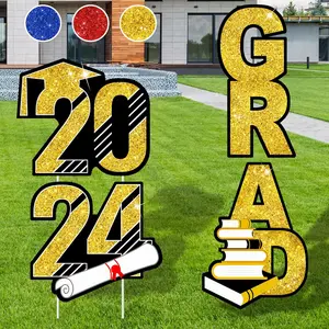 2024 Graduation Yard Sign Stakes Decorations - and Black Congrats ''2024 GRAD'' Yard Signs Including 4 count Glittering Graduation Yard Signs with 10 count Stakes Party Outdoor Decorations
