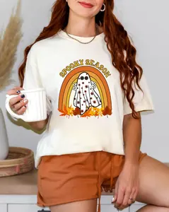 Retro Halloween Shirt, Spooky Season Shirt, Cute Ghost Shirt, Fall Rainbow Shirt, Autumn Shirt, Halloween Women's Shirt Streetwear Basic Lady Top Womenswear Underwear Summer Tshirt Comfort Casual Crewneck Shortsleeve Round Neck