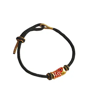 Handmade Lucky Koi Fish Black String Bracelet - Customized with Name Initials - Adjustable Gift Gold Fish Handwoven Eight-Strand Good Luck