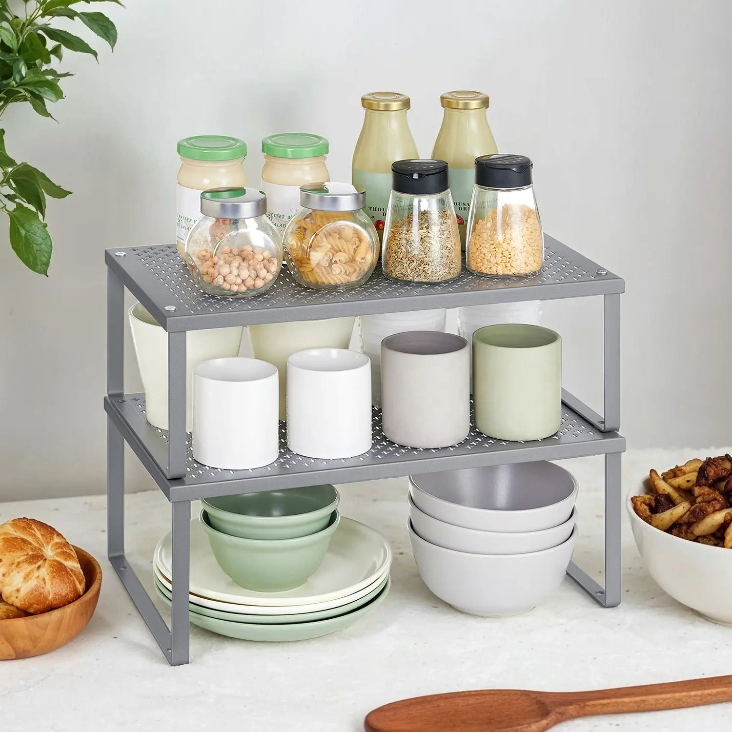 Set of 2 Spice Racks, Cabinet Organizers, Metal Kitchen Counter Shelves, Stackable, Expandable, Silver Set of 2 Spice Racks, Cabinet Organizers, Metal Kitchen Counter Shelves, Stackable, Expandable, Silver