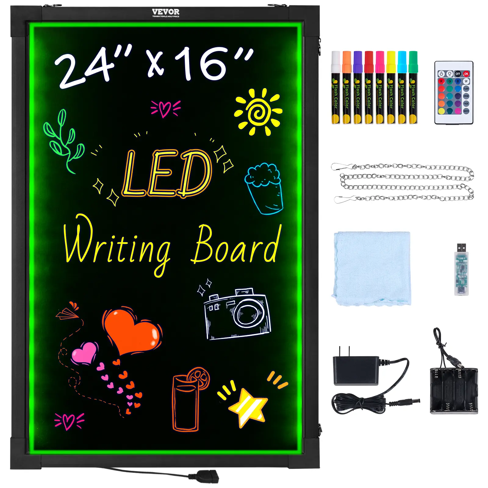 【summerfinds】VEVOR LED Message Writing Board, 24"x16" Illuminated Erasable Lighted Chalkboard, Neon Effect Menu Sign Board, Drawing Board with 8 Fluorescent Chalk Markers and Remote Tested to UL Standards