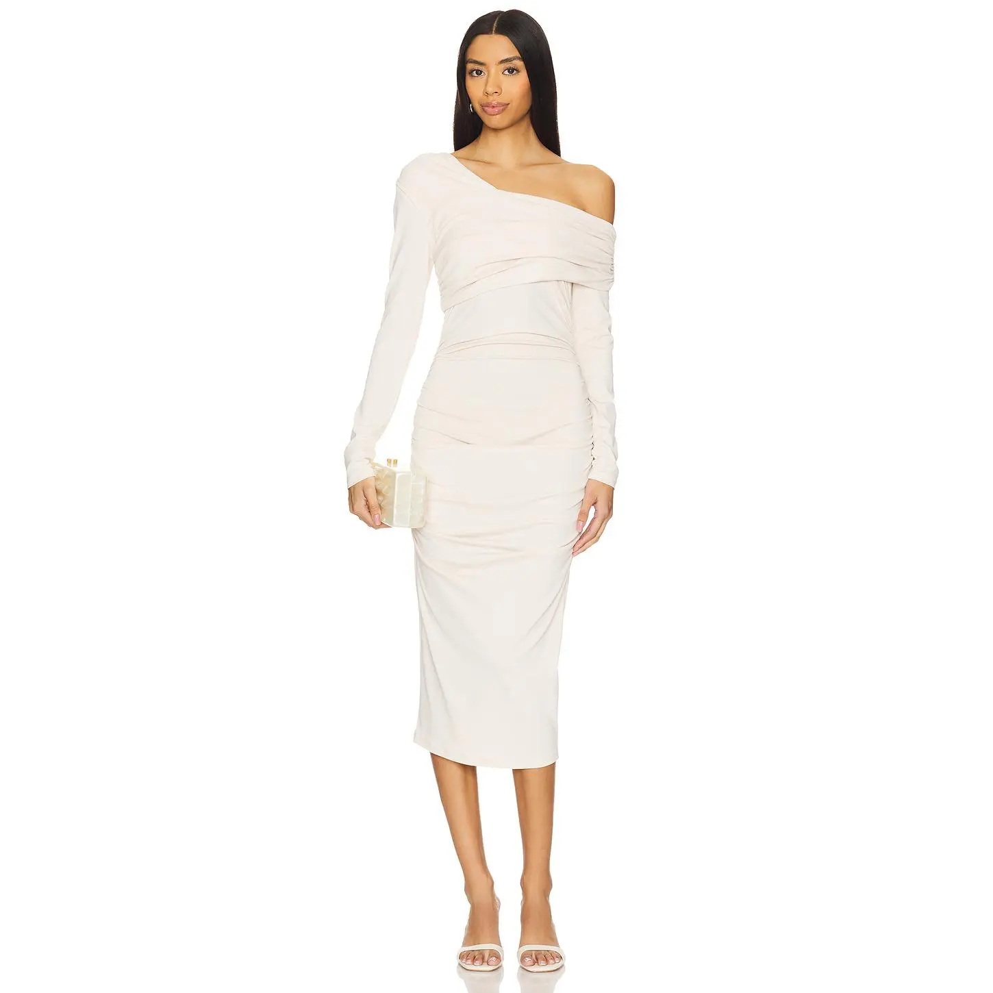 high neck wedding dresses Ivory V-Neck Wedding Dress with High Slit and Draped Fabric Plus Size Size 14