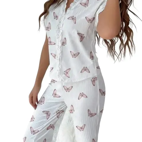 PHEFEE Women's 2-Piece Butterfly Print Nursing Pajama Set - Lace Trim V-Neck Short Sleeve Top, Stretchy Cotton-Like Ribbed Breathable Long Pants Loungewear Nightwear for Casual Use