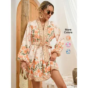 Elegant Woven Floral Print Long Sleeve Dress with Belted Waist, Lantern Sleeves Short Dress for Fall & Winter Parties
