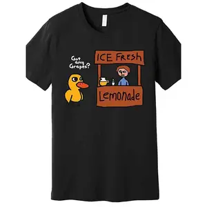 Interesting "Do you have grapes? "Duck Song Lemonade Pattern Men's T-Shirt - Premium Cotton Short Sleeve Casual T-Shirt, Suitable for Summer Outings, Black with Yellow Duck and Lemonade Stand Design, Casual Wear T-Shirt | Playful Print T-Shirt | Casual St