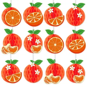 12Pcs Orange Honeycomb Balls Hawaiian Festival Decorative Orange Honeycomb Hanging Ornament Birthday Party Supplies Favors Table Centerpieces Tissue Paper Honeycomb Tabletop Hanging Decors Decorations for Party Shower Decorative Fruit Ornaments