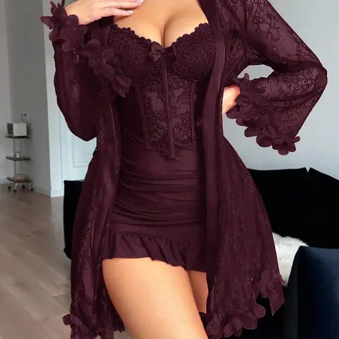 Women's Elegant Lace Lingerie Bodysuit & Teddy Nightwear Set - V-Neck Mesh Chemise, Full Sleeves, Aesthetic Mesh Details, Soft Fabric, Year-Round Style for Sexy Sleepwear & Loungewear